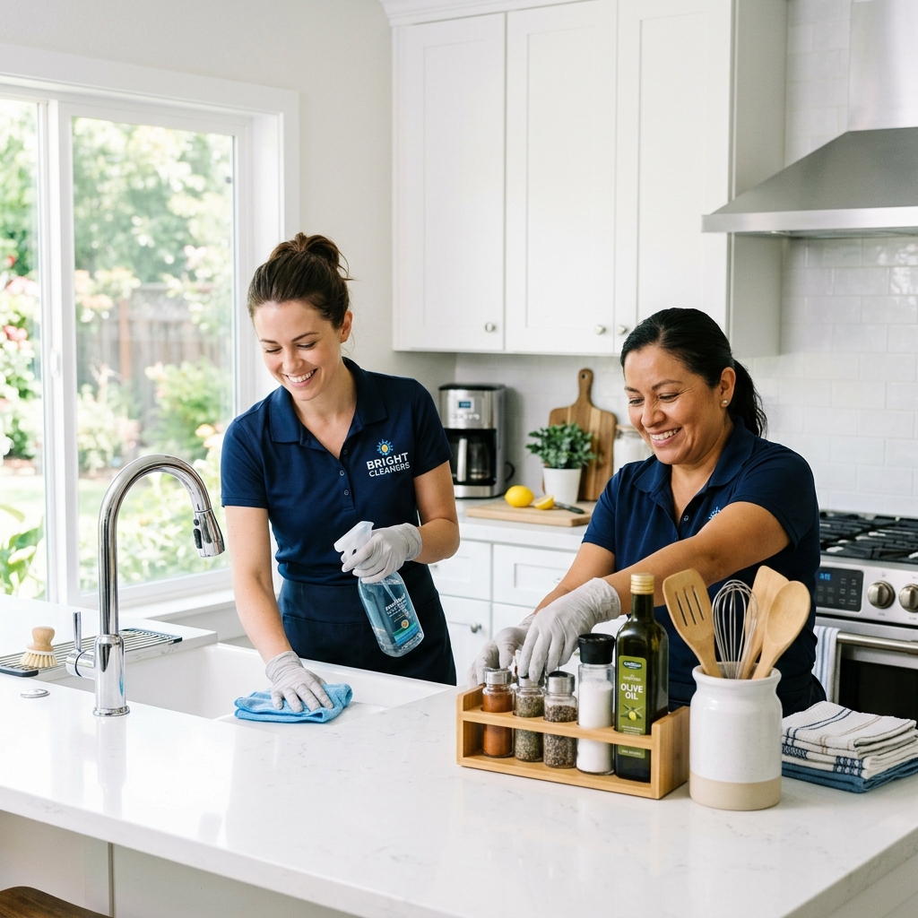 Two cleaners working in a kitchen